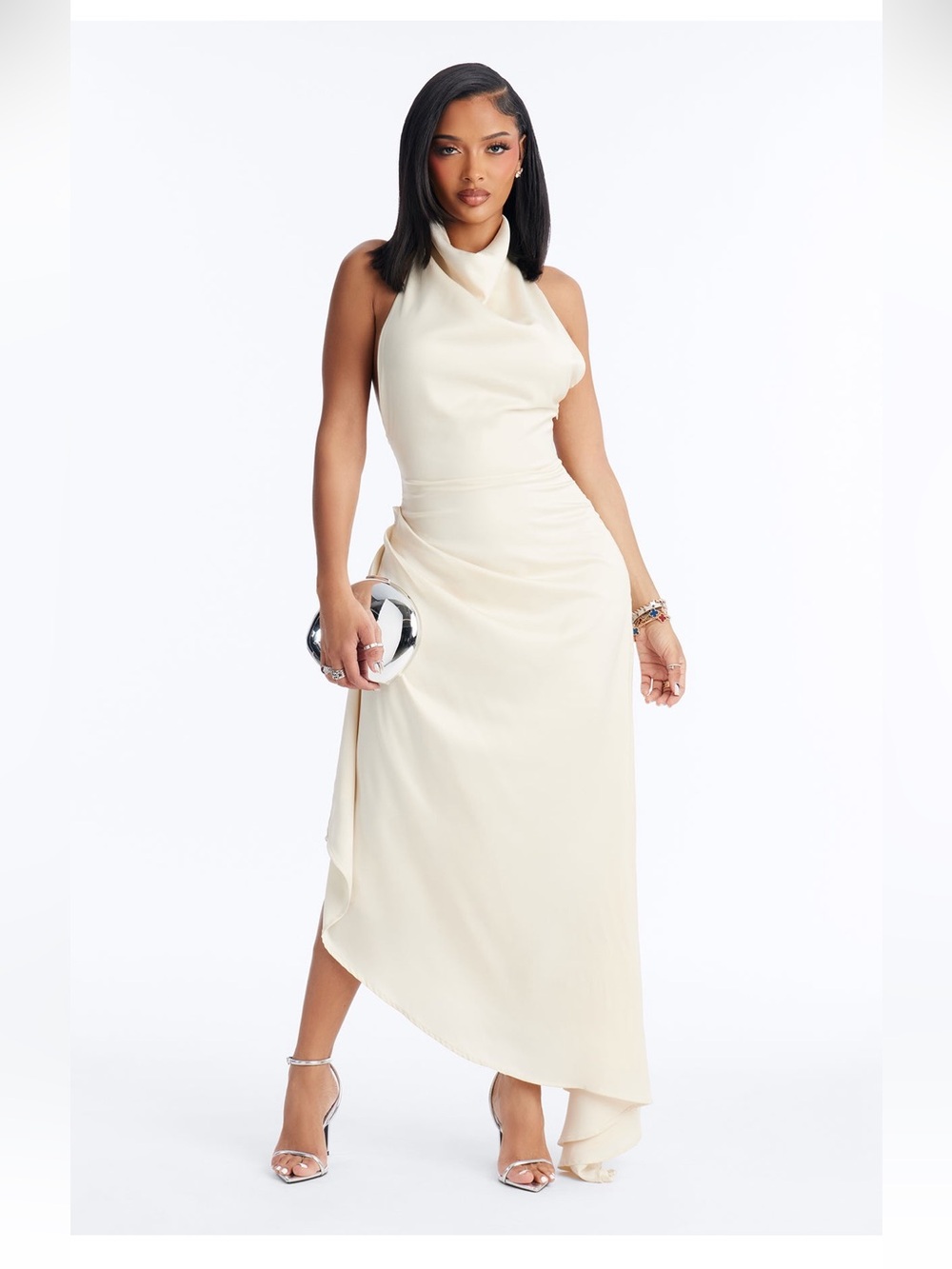 Sleeveless Cream Draped Halter Evening Dress